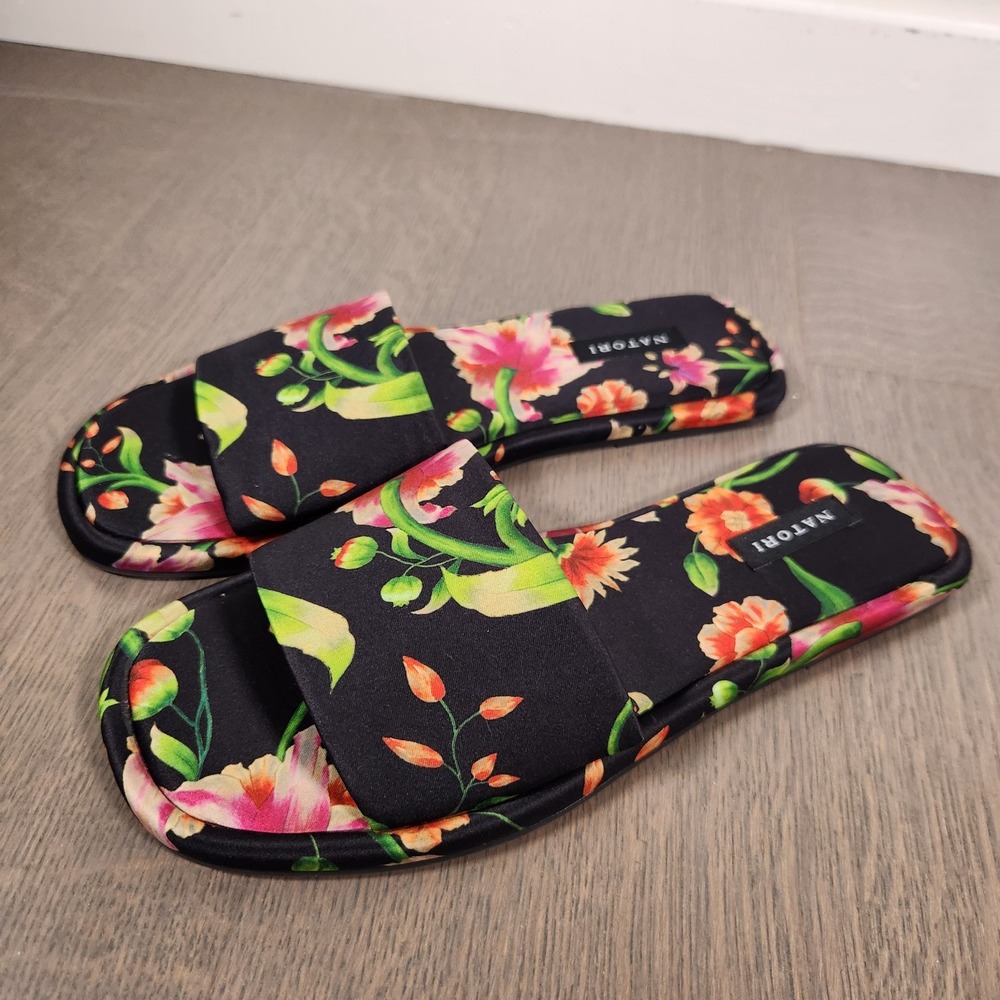 Natori Adore Dynasty Satin Slides Floral Slipper Mules Black Pink Orange Size 6